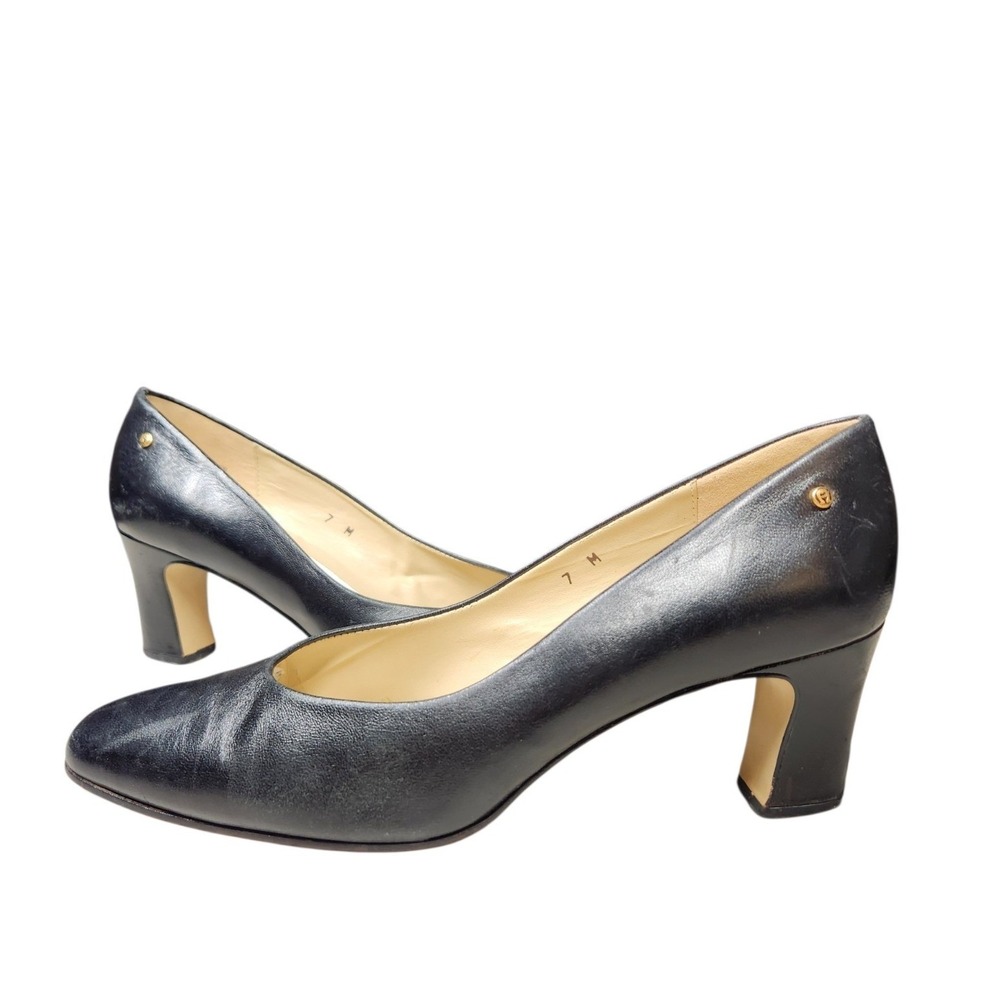 VTG Etienne Aigner Navy Blue Leather Pumps Block Heel Office Quiet Luxury Chic 7